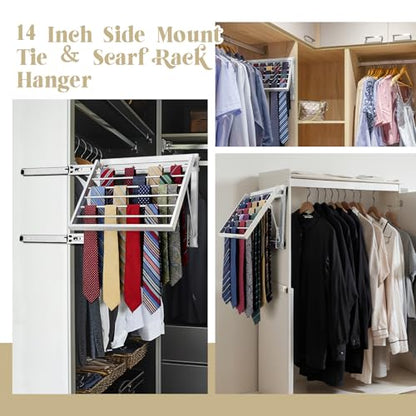 Blulu 13.8'' Sliding Tie Rack for Closet(Right Pull-Out), 60 Tie Pull Out Belt Hanger Wall Mounted Extending Metal Belt Organizer,Sliver