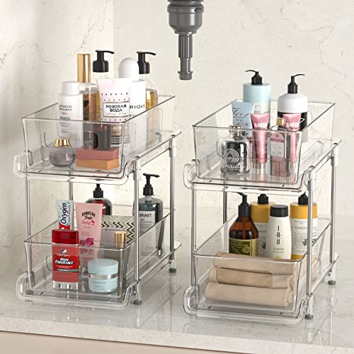 2-Tier Bathroom Organizer with Dividers, Clear Under Sink and Pull-Out Cabinet Organizer for Kitchen and Pantry Storage