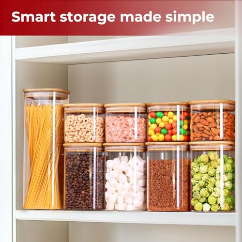 Glass Pantry Storage Containers with Bamboo Lids 1Qt 4 Pack Square | Pantry Organization, Coffee Beans Flour Sugar Pasta Cereal Dry Food Storage, Labels Included, Kitchen Organization