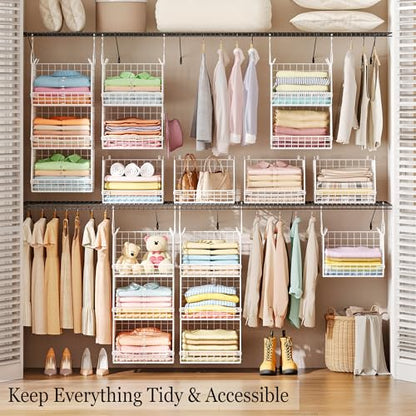 X-cosrack 3 Tier Foldable Closet Organizer, Clothes Shelves with 5 S Hooks, Wall Mount&Cabinet Wire Storage Basket Bins, for Clothing Sweaters Shoes Handbags Clutches Accessories-White Patent Design