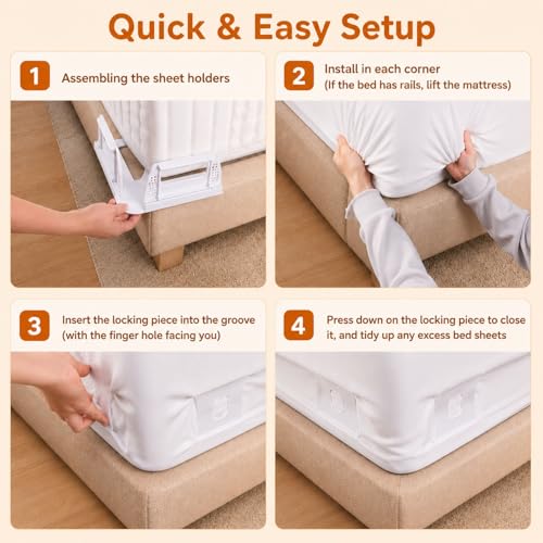 Bed Sheet Holders for Corners, 4 Pack Fabric-Friendly Fitted Sheet Clips, Upgraded Lock Design Heavy Duty Non-Slip Fasteners, Keep Sheets Taut Firmly, Universal Fit for All Mattress Sizes
