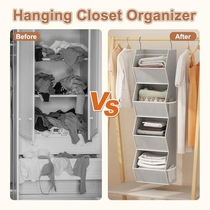 Hanging Closet Organizer 4 Shelf Collapsible Bedroom Closet Organizers and Storage Hanging with Mesh Pockets for Clothes, Fabric Hanging Storage Bins for Wardrobe Closet Organization and Storage, Grey