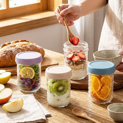 Overnight Oats Containers 16oz with Lids, 6 Pack Wide Mouth Mason Jars with Airtight Lids, Glass Food Storage Containers for Pickling, Fermenting, Snacks, Salad, Yogurt, Spice