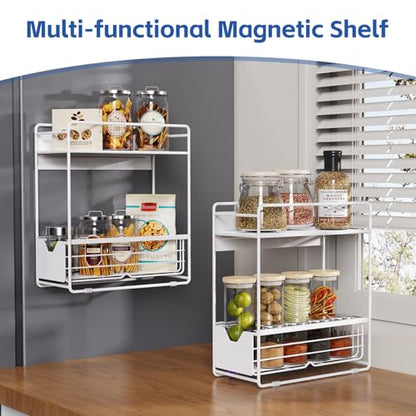 2 Tier Magnetic Shelves for Washing Machine with Pull Out Metal Drawer | Magnetic Spice Rack for Fridge,Magnetic Rack with no Installation,Versatile Storage Organizers for Home (White, 2 Tier)