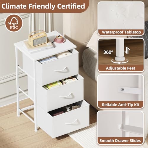 Somdot Small Dresser for Bedroom, 3 Drawer Storage Cabinet, White | Tall Nightstand Fabric Dresser with Removable Bins, Steel Frame and Mdf Wood Top , Closet, Nursery, Dorm or Entryway Storage