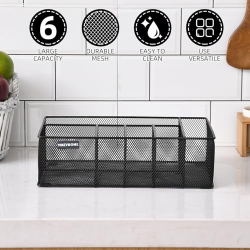 Paper Plate Organizer for Countertop, Black | Silverware Caddy with 6 Compartments for Cup, Napkin, Utensil Holder Caddy for Party, Camping, Picnic