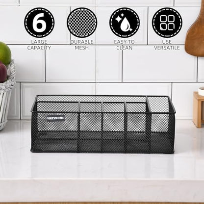 Paper Plate Organizer for Countertop, Black | Silverware Caddy with 6 Compartments for Cup, Napkin, Utensil Holder Caddy for Party, Camping, Picnic