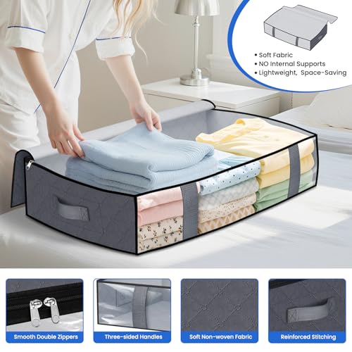 Under Bed Storage Containers, 4 Pack Blanket Storage Bags, Collapsible Storage Bags with Big Zippers, Clear Front, Shoe Storage and Organization for Clothes, Comforter, 60L, Grey