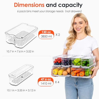 6 Pack Clear Fridge Organizer Bins with Drain Trays - Stackable