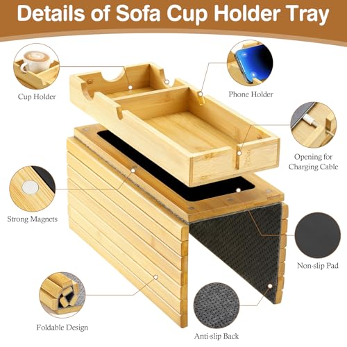 Luxspire Couch Armrest Table, 2-in-1 Magnetic, Detachable, Burlywood | Sofa Arm Tray with Cup Holder and Phone Holder, Foldable Bamboo Couch Cup Holder for Remote Controls, Phones, Snacks, Cups