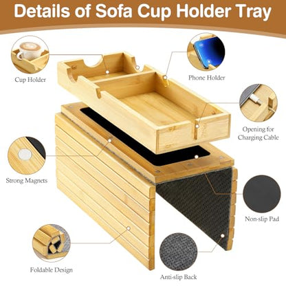 Luxspire Couch Armrest Table, 2-in-1 Magnetic, Detachable, Burlywood | Sofa Arm Tray with Cup Holder and Phone Holder, Foldable Bamboo Couch Cup Holder for Remote Controls, Phones, Snacks, Cups