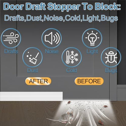 Door Draft Stopper, Door Sweep for Bottom of Door, Under Door Gap Filler for Exterior & Interior Doors, Weather Stripping Door Seal Blocker Noise Cold Air Insulation (78Inch, White)