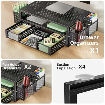 Simple Trending Monitor Stand with Drawer, 2-Tier Laptop Stand, Black | Desk Organizers and Accessories with Drawer and 2 Pen Holders, Sturdy Metal Stand Riser for Home Office, 20"W x 10"D x 5.8"H