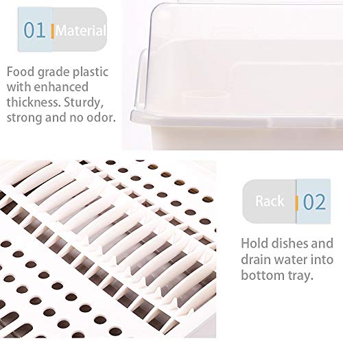 Tomorotec Medium Size Dish Drying Rack & Drain Board with Lid Cover, White | Kitchen Counter Drainer with Dust-Proof Clear Cover, Detachable Design with Utensil Holder, Plate Cup Tray Cutlery Drainer