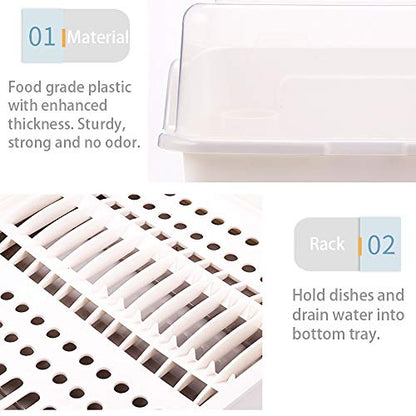 Tomorotec Medium Size Dish Drying Rack & Drain Board with Lid Cover, White | Kitchen Counter Drainer with Dust-Proof Clear Cover, Detachable Design with Utensil Holder, Plate Cup Tray Cutlery Drainer