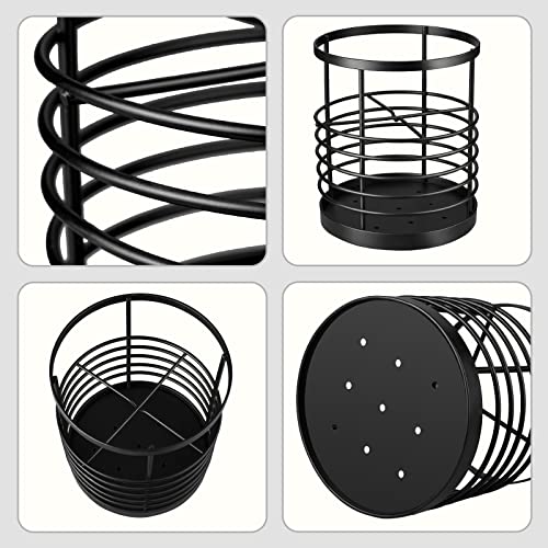 Utensil Holder for Kitchen Countertop,Metal Spatula Holder,Cooking Utensil Holder for Spoon,Wire Utensil Organizer,Stainless Steel Round Utensil Caddy Crock Flatware Storage Counter (Black)