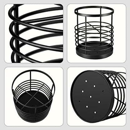 Utensil Holder for Kitchen Countertop,Metal Spatula Holder,Cooking Utensil Holder for Spoon,Wire Utensil Organizer,Stainless Steel Round Utensil Caddy Crock Flatware Storage Counter (Black)