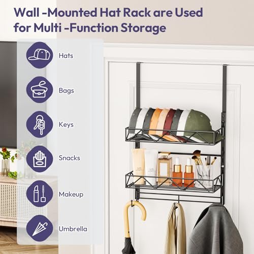 Over Door Hat Organizer - 3 Tier Wall Mounted Hat Rack with 2 Adjustable Metal Basket and 3 Hooks, Hanging Baseball Cap Organizer Storage Holds up to 29 Caps for Door, Bedroom, Closet