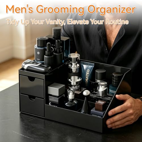 Makeup Organizer with 2 Drawer,Black Cologne Organizer for Men,Cologne Stand and Rack,Skin Care,Perfume Organizer Holder and Fragrance Shelf for Vanity,Bathroom Countertop and Dresser Top,1PCS