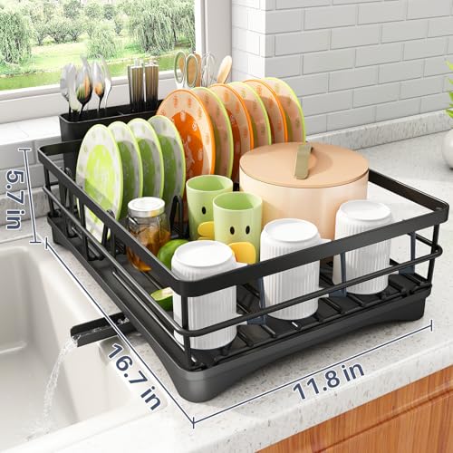 SAYZH Dish Drying Rack for Kitchen Counter with Utensil Holder, Black | Stainless Steel, Large Capacity, Angled Drainboard, Rotating Spout, Removable to Clean