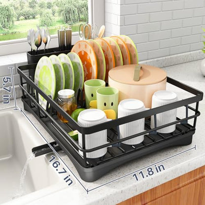 SAYZH Dish Drying Rack for Kitchen Counter with Utensil Holder, Black | Stainless Steel, Large Capacity, Angled Drainboard, Rotating Spout, Removable to Clean