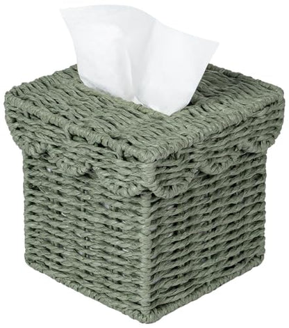 CubesLand Square Wicker Tissue Box Cover W/Scalloped Lid for Home Decor | Handwoven Facial Tissues Boxes Fits Living Room Table Decor, Rustic Farmhouse Boho Bathroom Decorative, Green