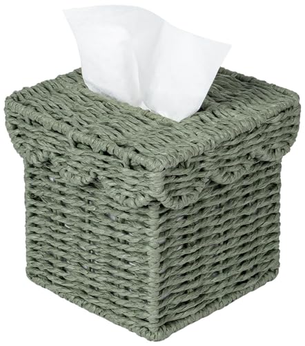 CubesLand Square Wicker Tissue Box Cover W/Scalloped Lid for Home Decor | Handwoven Facial Tissues Boxes Fits Living Room Table Decor, Rustic Farmhouse Boho Bathroom Decorative, Green