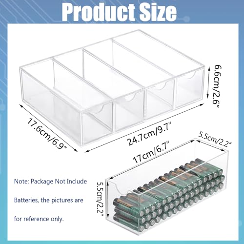 BTSKY Clear Acrylic Battery Storage Organizer for AA, AAA, 9V, C Batteries | 4-Drawer Storage Box Battery Holder Organizer for Common Types Batteries, Household Container, 1 Pack(Batteries Not Included)