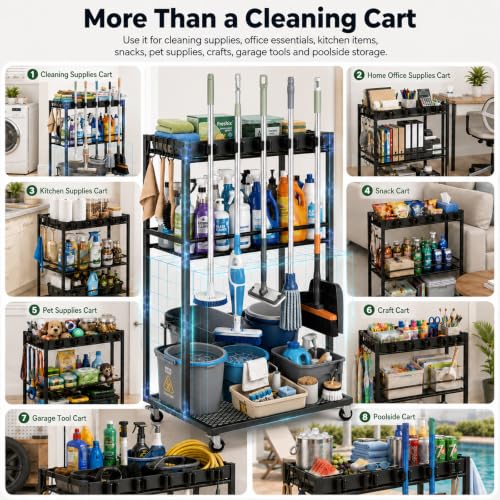 Cleaning Supplies Organizer Cart with Wheels, Broom and Mop Holder with 5 Grippers, 6 Hooks, 3 Shelves, Rolling Broom Closet Storage Rack for Laundry Room, Kitchen, Bathroom, Garage, Poolside