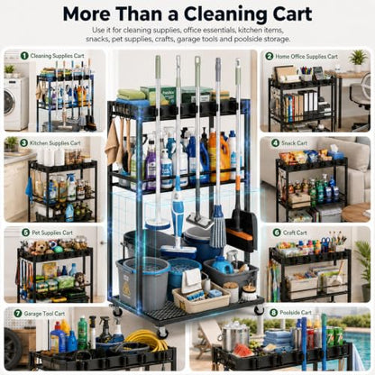 Cleaning Supplies Organizer Cart with Wheels, Broom and Mop Holder with 5 Grippers, 6 Hooks, 3 Shelves, Rolling Broom Closet Storage Rack for Laundry Room, Kitchen, Bathroom, Garage, Poolside