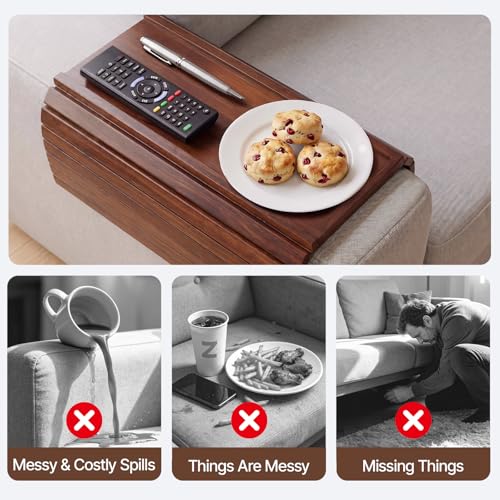 Bamboo Sofa Armrest Tray, Foldable Couch Arm Tray Side Table, 2 in 1 Anti-Falling Armrest Tables Cup Holder for Snacks, Drinks, Beers, Phone, Control, Flexible and Portable, Anti-Slip, (Brown)