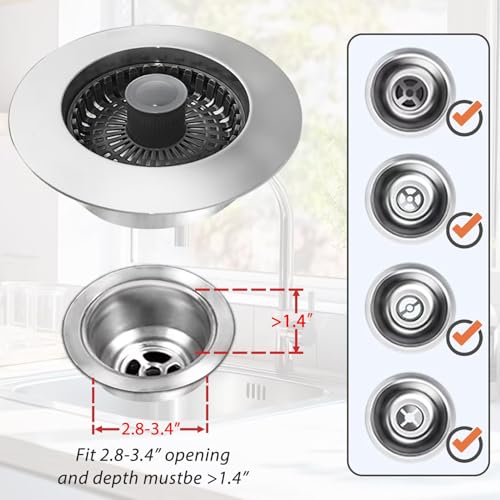 Anlige Kitchen Sink Drain Strainer, 3 in 1 Pop Up Kitchen Sink Stopper, with An Extra Basket Strainer, Universal for US Standard 3-1/2 Inch, Chrome Silver