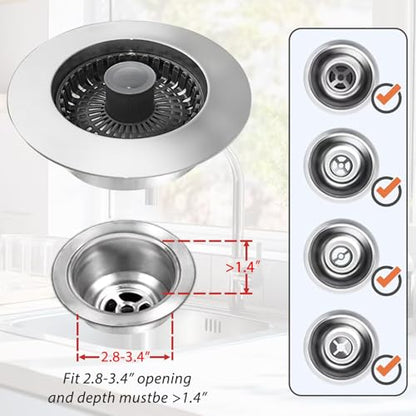 Anlige Kitchen Sink Drain Strainer, 3 in 1 Pop Up Kitchen Sink Stopper, with An Extra Basket Strainer, Universal for US Standard 3-1/2 Inch, Chrome Silver