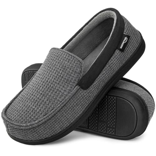 HomeTop Men's Knit Moccasin Slippers Memory Foam House Shoes Indoor Outdoor | Breathable,Indoor,Outdoor,Fleece Lining,Machine-washable,Non-slip