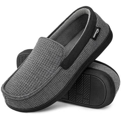 HomeTop Men's Knit Moccasin Slippers Memory Foam House Shoes Indoor Outdoor | Breathable,Indoor,Outdoor,Fleece Lining,Machine-washable,Non-slip
