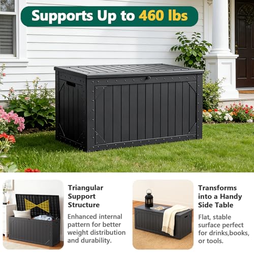Outdoor Storage Box, 98 Gallon Deck Box, Outdoor Storage Bench, Waterproof Resin Storage Bench with Lockable Lid, Patio Furniture Cushions & Garden Tools Storage, UV Resistant (Black)