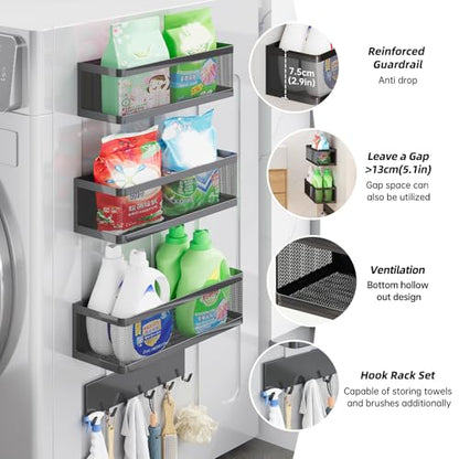 4 Pack Magnetic Shelves with Hook Rack for Washing Machine, Magnet Baskets | Heavy Duty, Supports up to 16.5 lbs, Simply Attach and Start Using, Magnetic Baskets for Washer & Dryer, Laundry Organizer