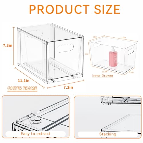 4 Pack Large Stackable Storage Drawers,Clear Acrylic Drawer Organizers and Baby Bottle Organizer for Countertop,Cabinet,Bathroom,Pantry,Office Closet Organizers and Brightroom Storage Bins