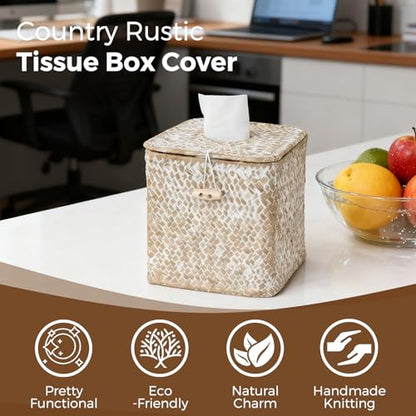 Seagrass Tissue Box Cover Square, Woven Wicker Tissue Box Holder, Whitewash | With Lid, Natural Seagrass, Handwoven, Boho Decor, Decorative Facial Cube Tissue Cover Holder for Bathroom Office Table