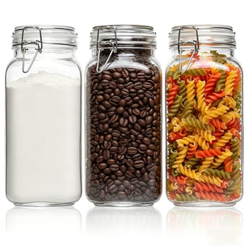ComSaf Large Square Glass Jars with Airtight Lids 78 oz 3 Pack Wide Mouth