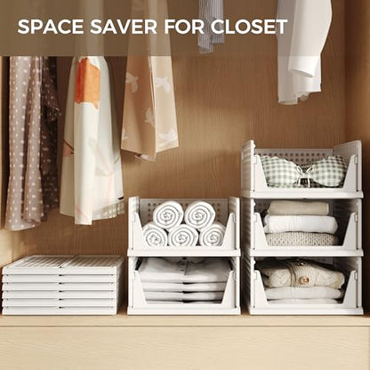 6 Pack Closet Organizer Storage Bins Stackable Plastic Drawer Shelf | Basket for Clothing Stackable Storage Bins Shelf Storage Container for Closet Wardrobe Bedroom Bathroom Office White Foldable