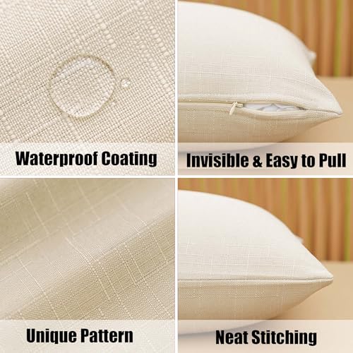 NiNi ALL Outdoor Waterproof Beige Throw Pillow Covers Set of 2 18x18 Inch Faux Linen Texture Decorative Farmhouse Solid Water Resistant Cushion Covers for Tent Patio Garden Couch Sofa