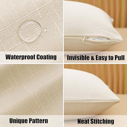 NiNi ALL Outdoor Waterproof Beige Throw Pillow Covers Set of 2 18x18 Inch Faux Linen Texture Decorative Farmhouse Solid Water Resistant Cushion Covers for Tent Patio Garden Couch Sofa