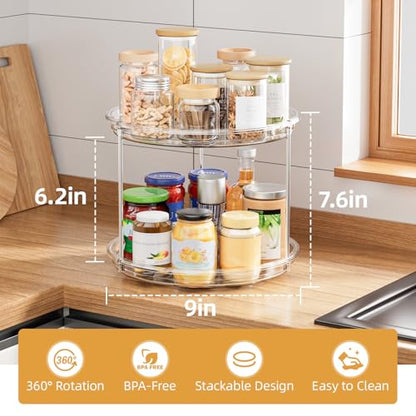 LAMU 2 Tier Lazy Susan Turntable Organizer for Cabinet, 9'' Rotating Spice Rack for Kitchen, Pantry, Countertop, Bathroom, Vanity, Under Sink, Medicine Cabinet Organizer, 2 Pack