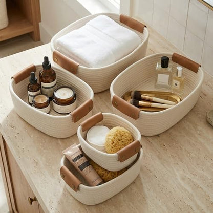 Beautiful Storage Basket Set of 5 - Sturdy Cotton Rope Baskets for Shelves | Perfect for Organizing Your Home - Quality Storage Bins Easily Fit with Any Nursery or Bedroom Decor