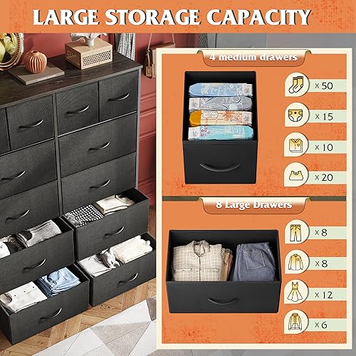 WLIVE 12 Drawer Tall Black Fabric Dresser Bedroom Storage Chestl | Black tall 12-drawer fabric dresser with wood top, modern storage tower for bedroom home office closet living room