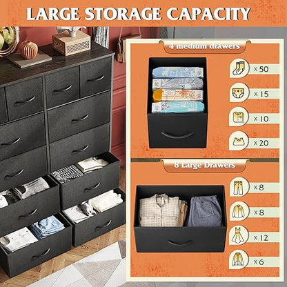 WLIVE 12 Drawer Tall Black Fabric Dresser Bedroom Storage Chestl | Black tall 12-drawer fabric dresser with wood top, modern storage tower for bedroom home office closet living room