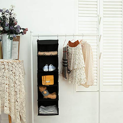 2 Pack Hanging Closet Organizer, 5 Shelves Hanging Storage with 6 Side Pockets for Clothes Shoes, 43"x12"x12"(Black)