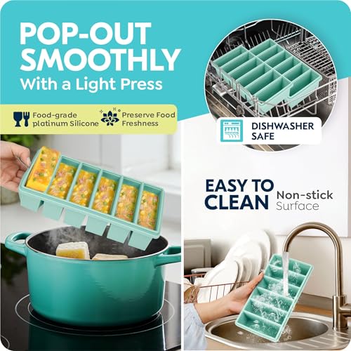 1/2 Cup Silicone Freezer Molds with Lid, Soup Container Style Ice Cube Trays for Freezer - Reinforced Steel Ring Top for freezing Soup Sauce Broth Leftovers, Dishwasher & Oven Safe, BPA Free 2 Pack
