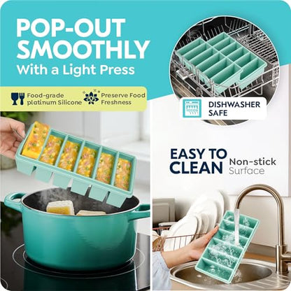 1/2 Cup Silicone Freezer Molds with Lid, Soup Container Style Ice Cube Trays for Freezer - Reinforced Steel Ring Top for freezing Soup Sauce Broth Leftovers, Dishwasher & Oven Safe, BPA Free 2 Pack